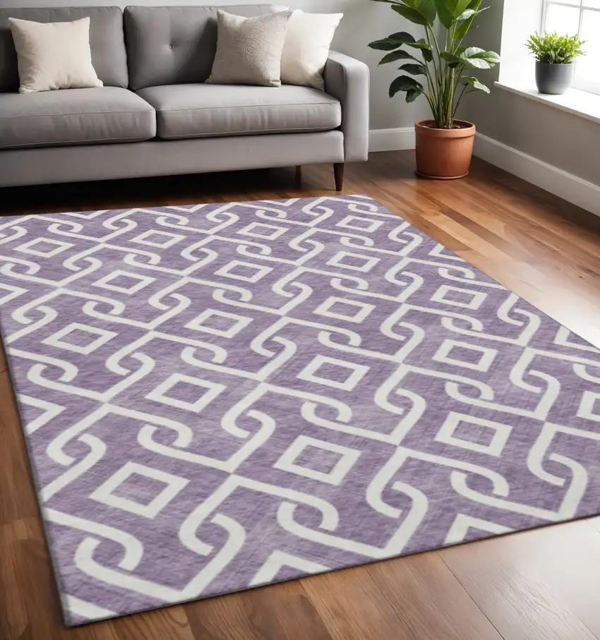 Purple And Ivory Geometric Washable Area Rug With UV Protection Photo 2