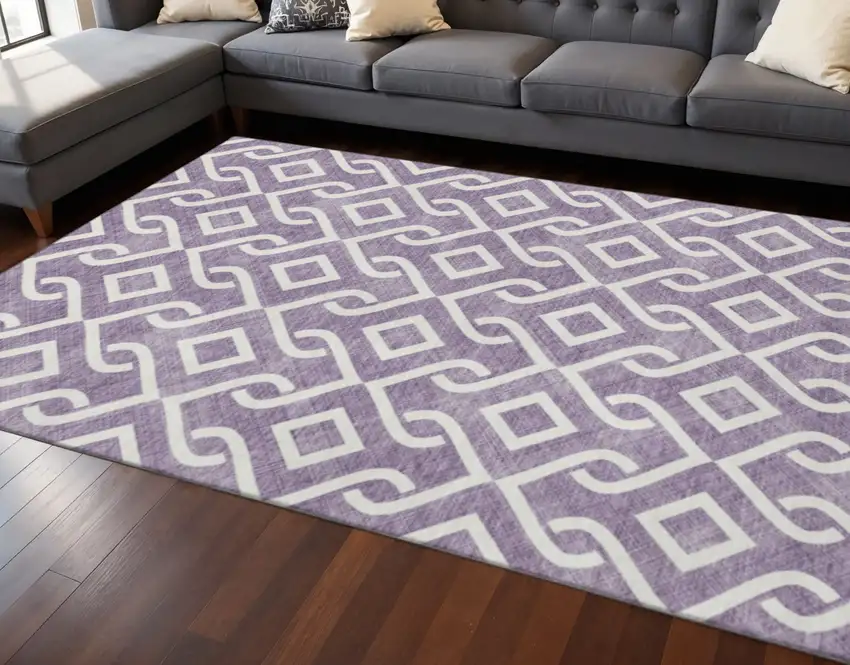 Purple And Ivory Geometric Washable Area Rug With UV Protection Photo 2