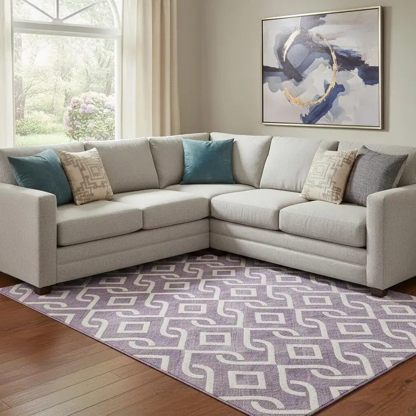 Purple And Ivory Geometric Washable Area Rug With UV Protection Photo 1