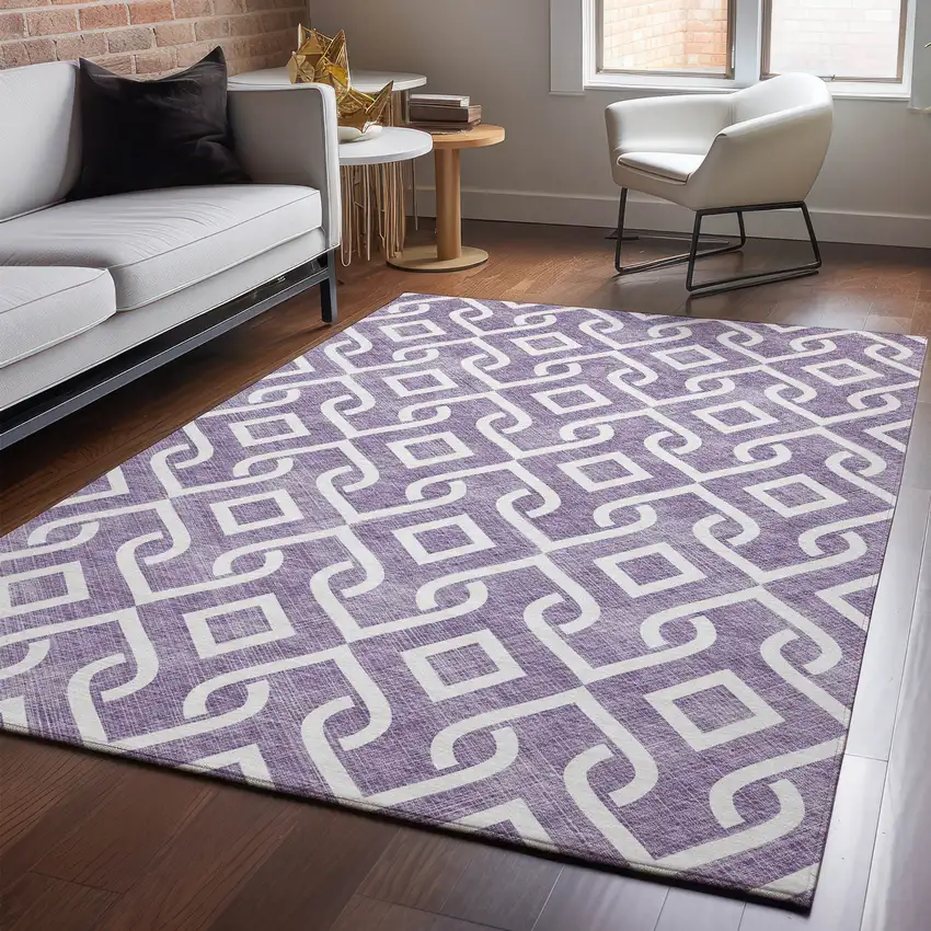 Purple And Ivory Geometric Washable Area Rug With UV Protection Photo 3