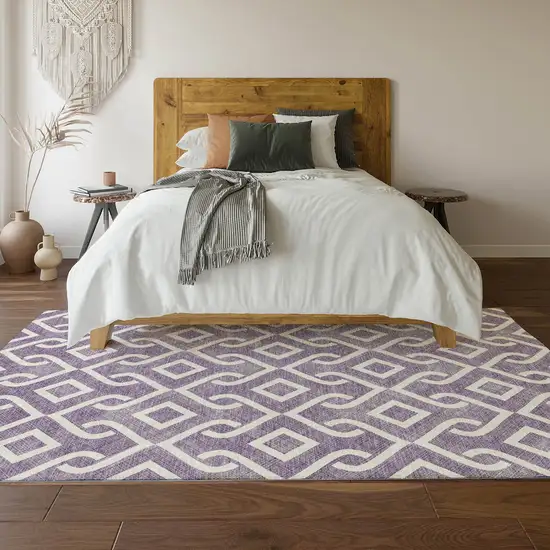 Purple And Ivory Geometric Washable Area Rug With UV Protection Photo 4