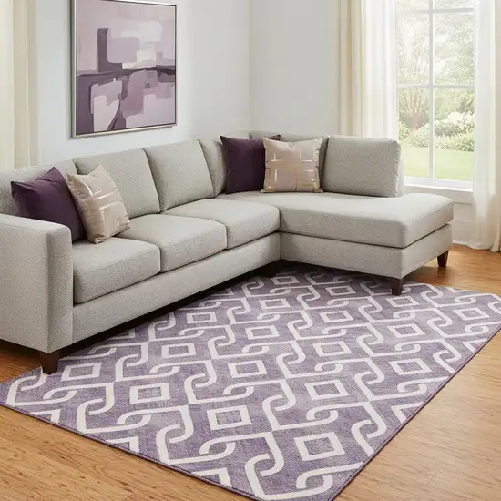 Purple And Ivory Geometric Washable Area Rug With UV Protection Photo 1