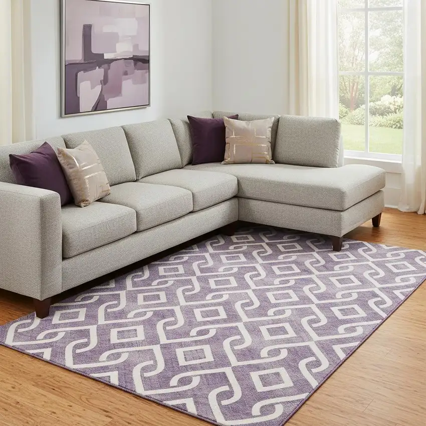 Purple And Ivory Geometric Washable Area Rug With UV Protection Photo 1