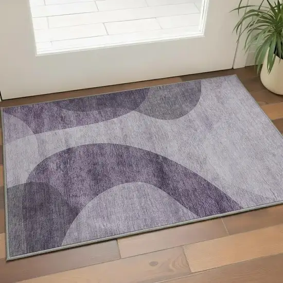 Purple And Ivory Geometric Washable Area Rug With UV Protection Photo 2