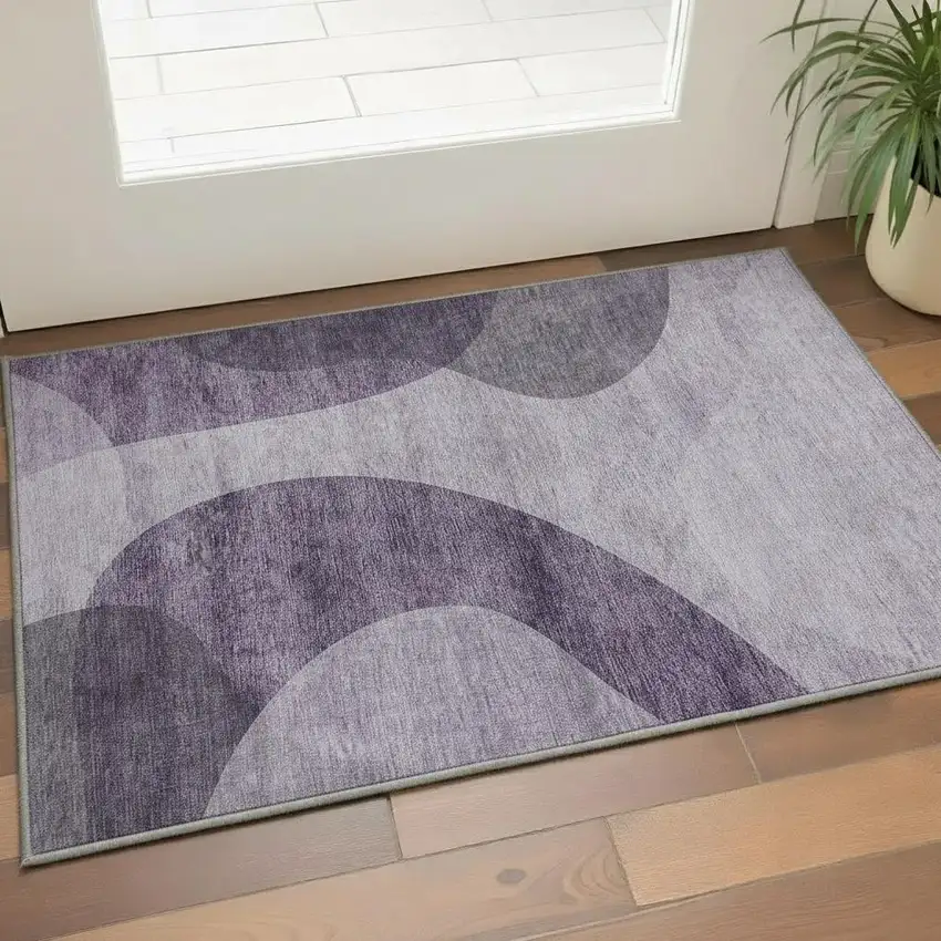 Purple And Ivory Geometric Washable Area Rug With UV Protection Photo 2