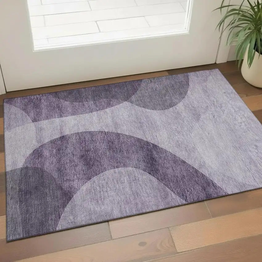 Purple And Ivory Geometric Washable Area Rug With UV Protection Photo 1