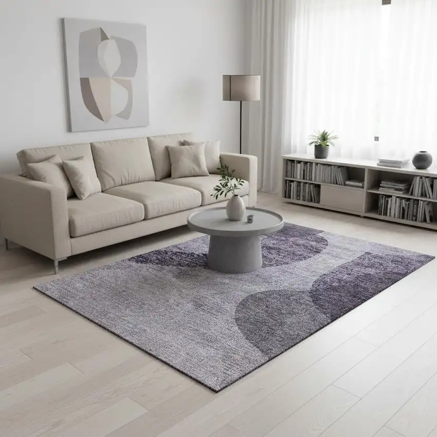 Purple And Ivory Geometric Washable Area Rug With UV Protection Photo 1