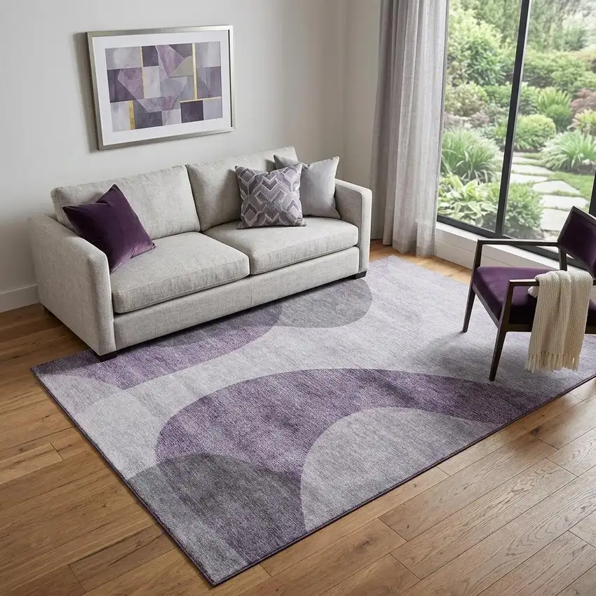 Purple And Ivory Geometric Washable Area Rug With UV Protection Photo 1