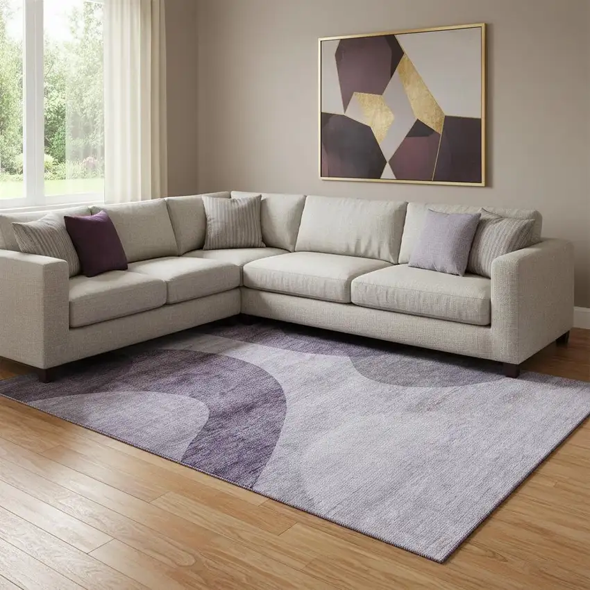 Purple And Ivory Geometric Washable Area Rug With UV Protection Photo 1