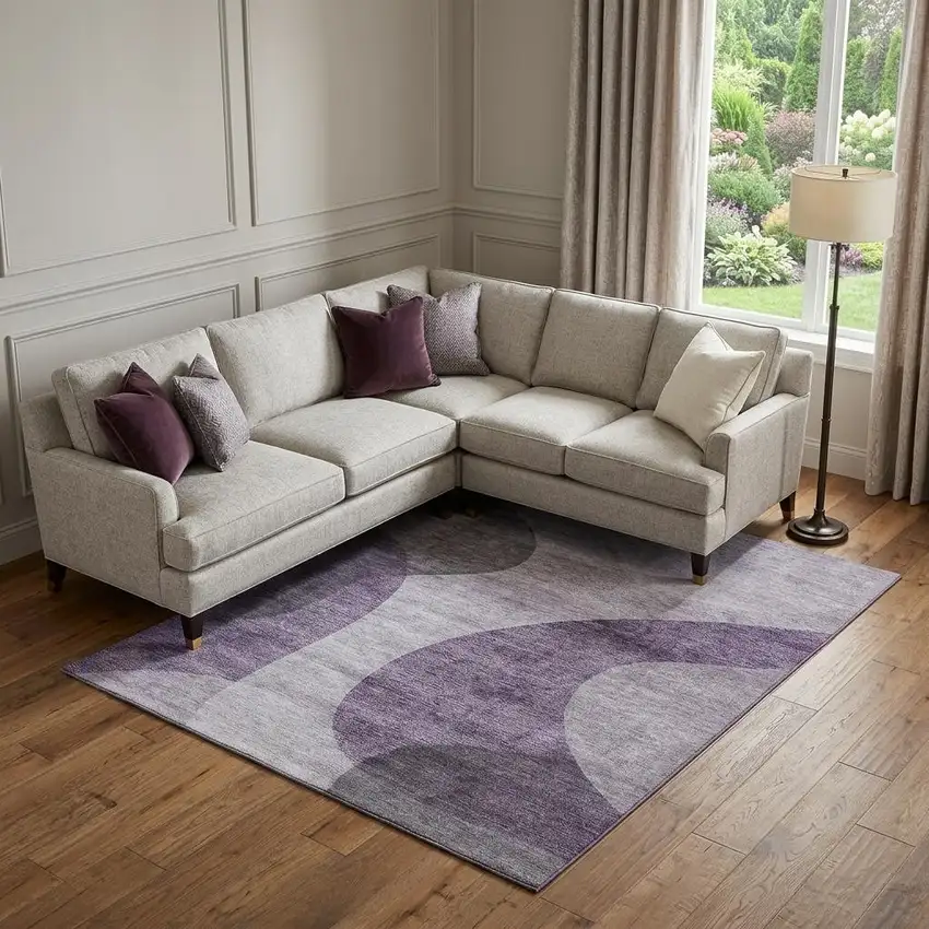 Purple And Ivory Geometric Washable Area Rug With UV Protection Photo 1