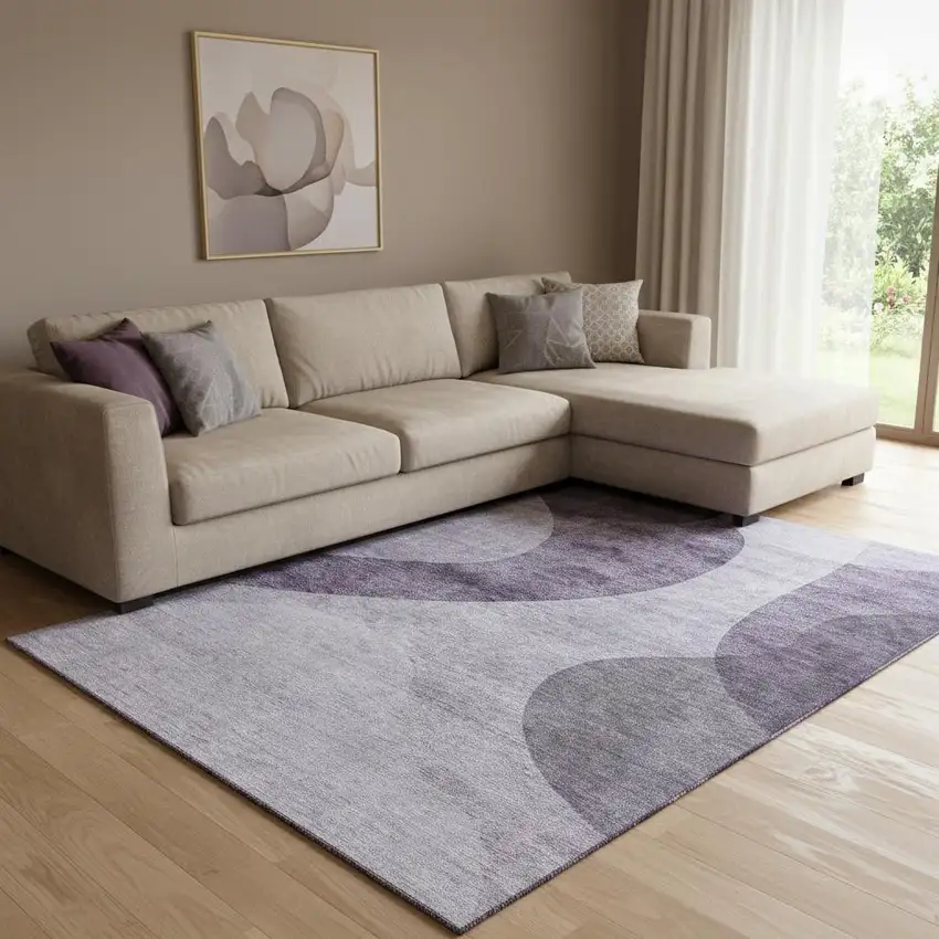 Purple And Ivory Geometric Washable Area Rug With UV Protection Photo 1