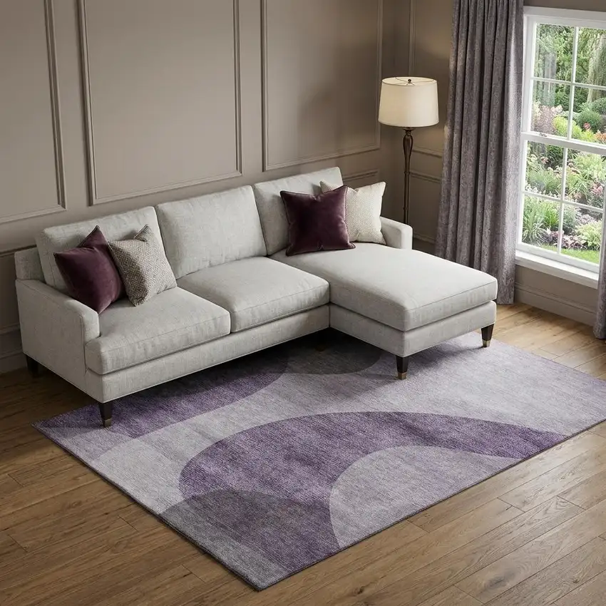 Purple And Ivory Geometric Washable Area Rug With UV Protection Photo 1