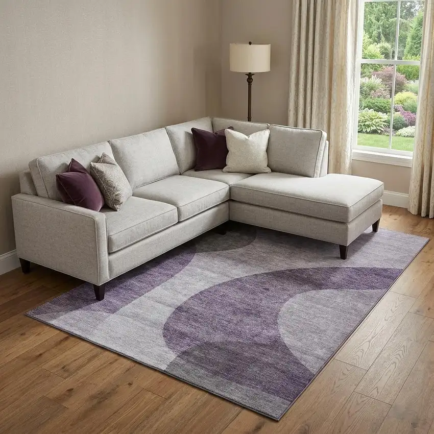 Purple And Ivory Geometric Washable Area Rug With UV Protection Photo 1