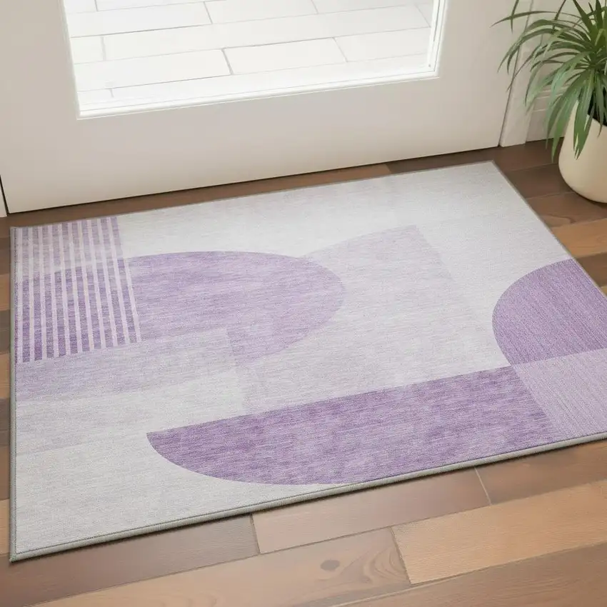 Purple And Ivory Geometric Washable Area Rug With UV Protection Photo 2