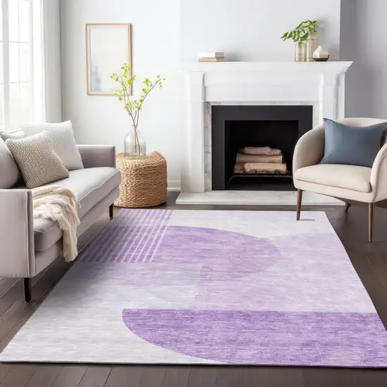 Purple And Ivory Geometric Washable Area Rug With UV Protection Photo 5