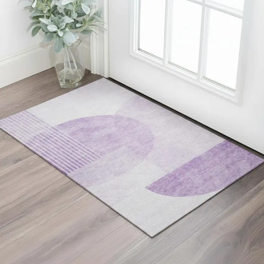 Purple And Ivory Geometric Washable Area Rug With UV Protection Photo 1