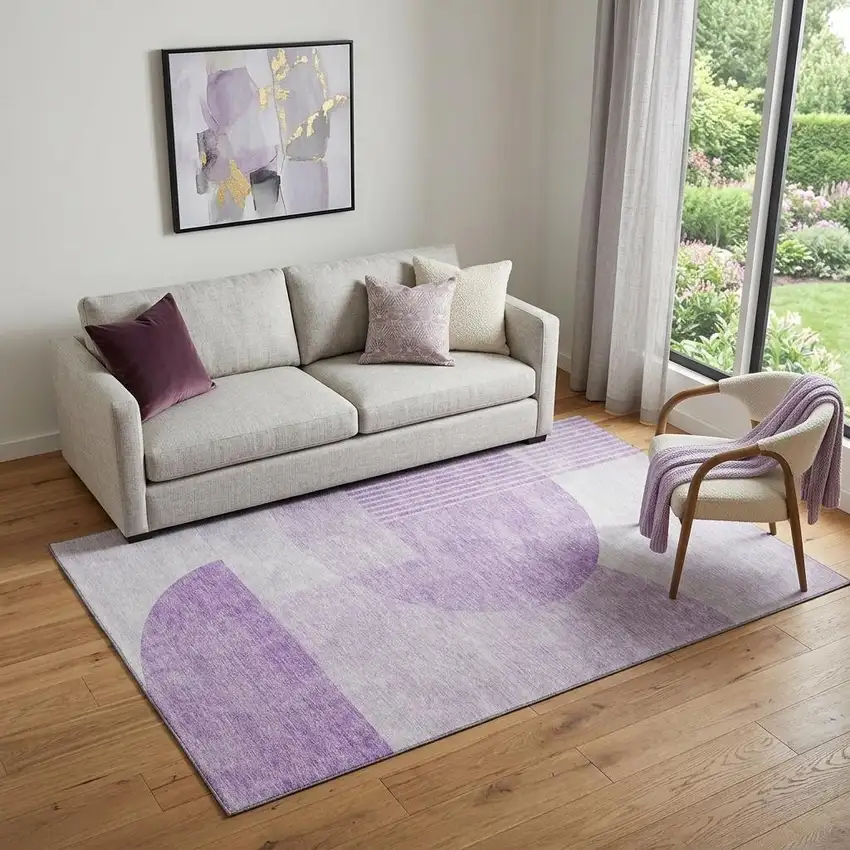Purple And Ivory Geometric Washable Area Rug With UV Protection Photo 1