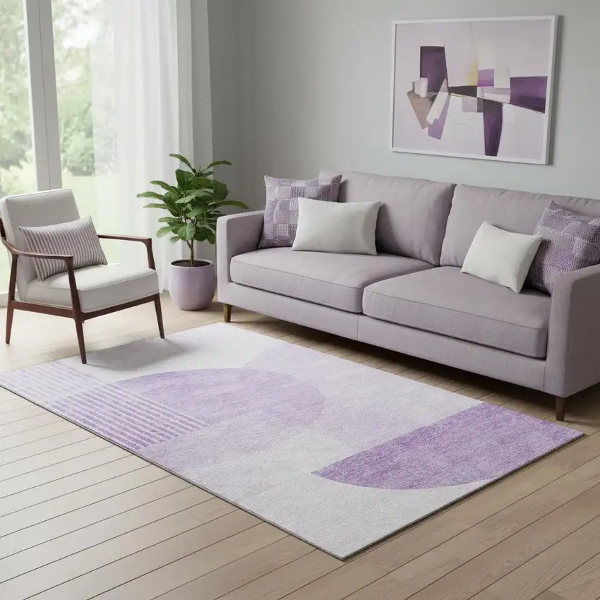 Purple And Ivory Geometric Washable Area Rug With UV Protection Photo 1