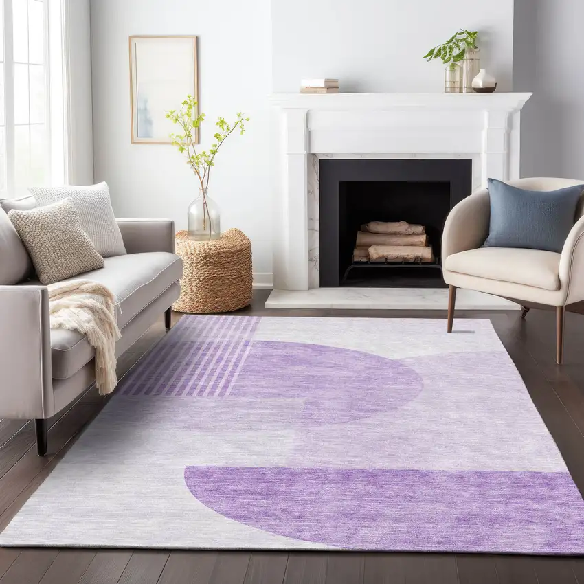 Purple And Ivory Geometric Washable Area Rug With UV Protection Photo 4