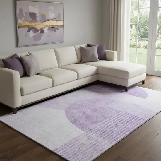 Purple And Ivory Geometric Washable Area Rug With UV Protection Photo 1