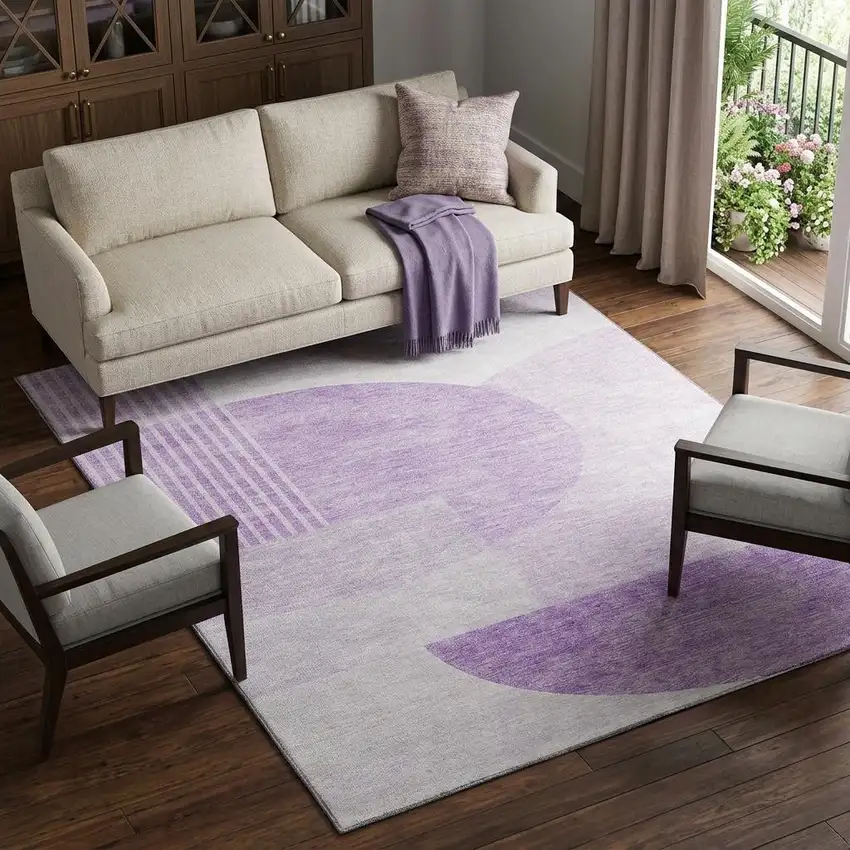 Purple And Ivory Geometric Washable Area Rug With UV Protection Photo 1