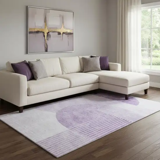 Purple And Ivory Geometric Washable Area Rug With UV Protection Photo 1