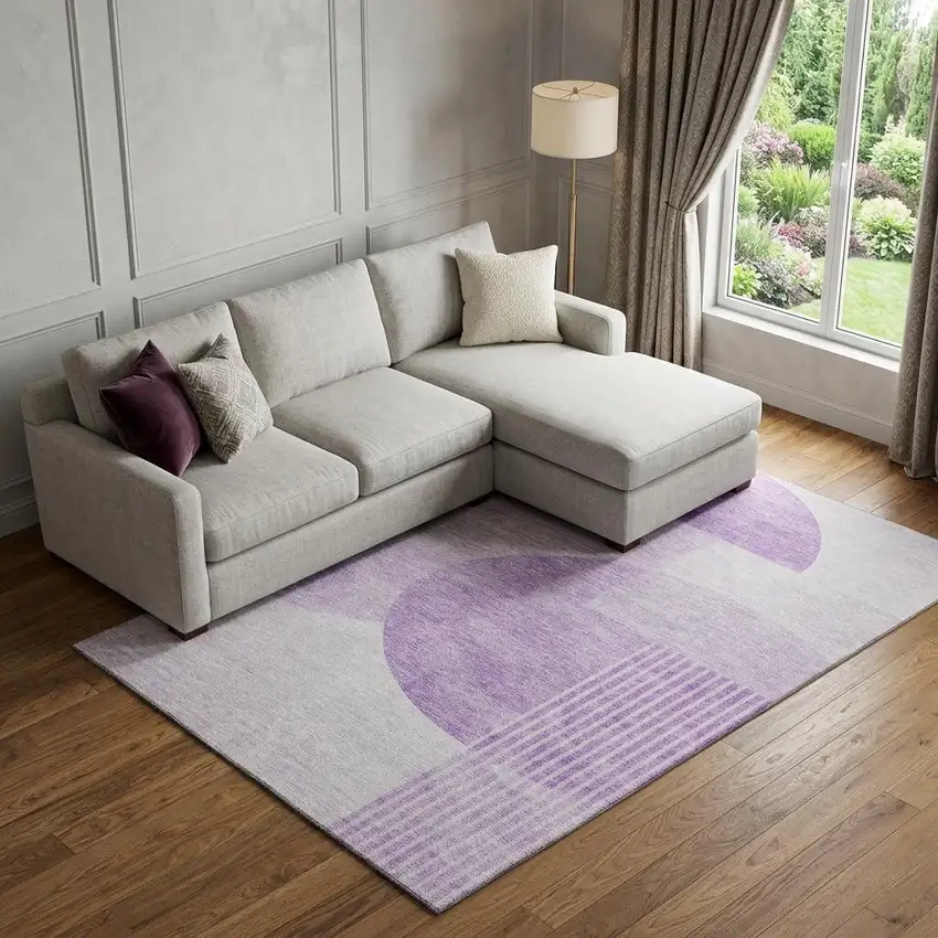 Purple And Ivory Geometric Washable Area Rug With UV Protection Photo 1