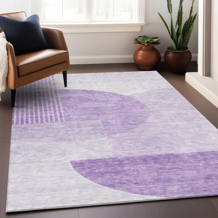 Purple And Ivory Geometric Washable Area Rug With UV Protection Photo 6