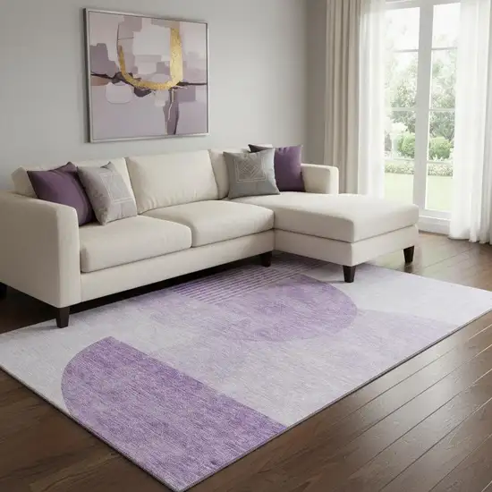 Purple And Ivory Geometric Washable Area Rug With UV Protection Photo 1