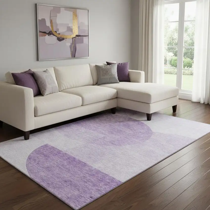 Purple And Ivory Geometric Washable Area Rug With UV Protection Photo 1