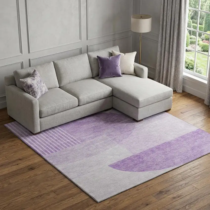 Purple And Ivory Geometric Washable Area Rug With UV Protection Photo 1