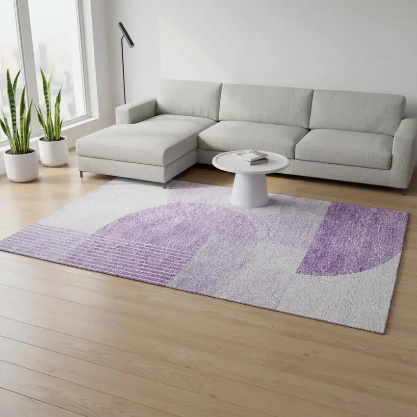 Purple And Ivory Geometric Washable Area Rug With UV Protection Photo 3