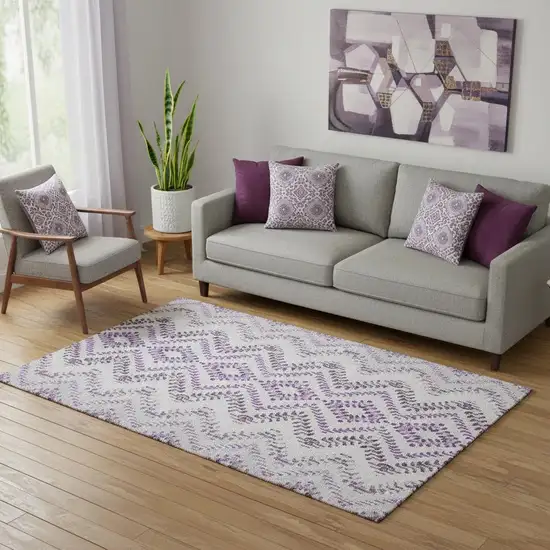 Purple And Ivory Geometric Washable Area Rug With UV Protection Photo 1