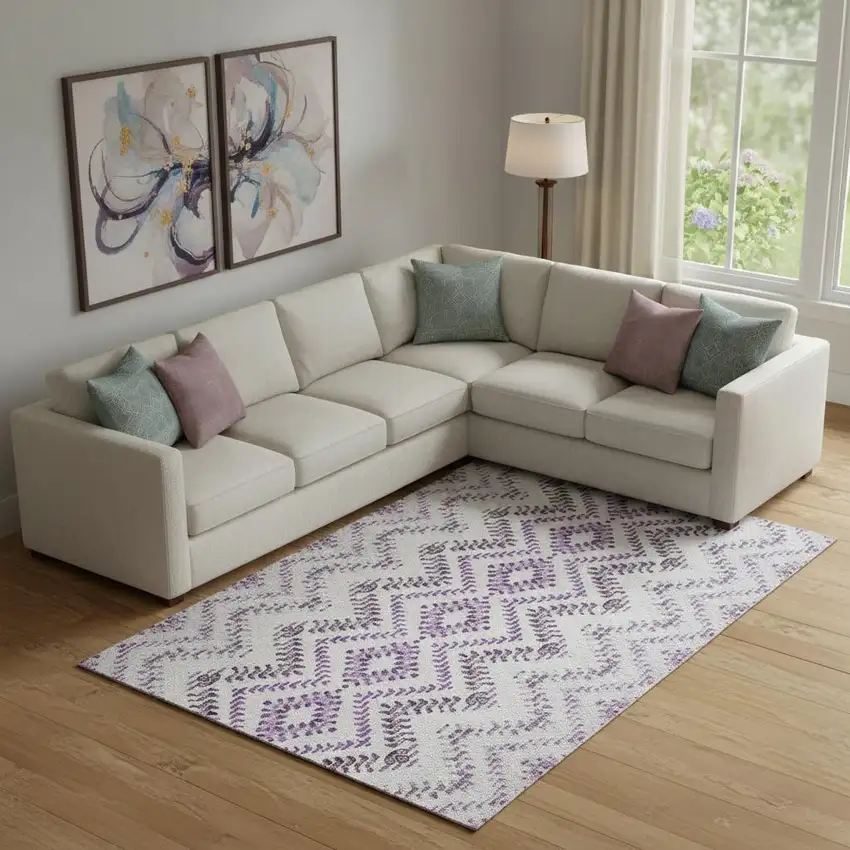 Purple And Ivory Geometric Washable Area Rug With UV Protection Photo 1