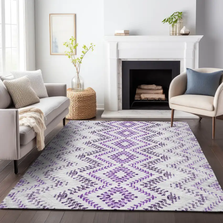 Purple And Ivory Geometric Washable Area Rug With UV Protection Photo 4