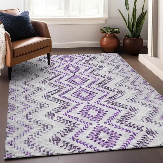 Purple And Ivory Geometric Washable Area Rug With UV Protection Photo 5