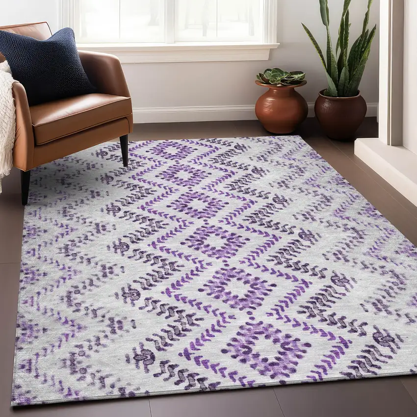 Purple And Ivory Geometric Washable Area Rug With UV Protection Photo 5