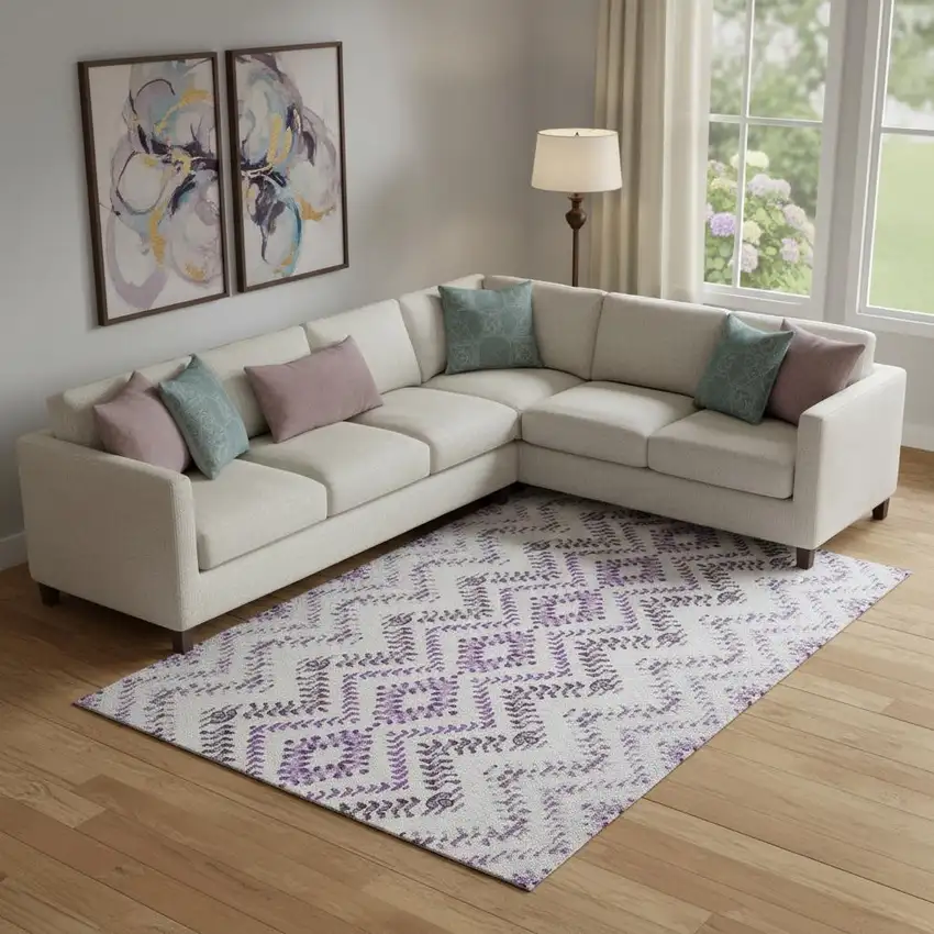 Purple And Ivory Geometric Washable Area Rug With UV Protection Photo 1