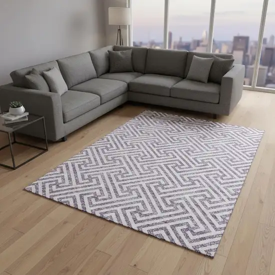 Purple And Ivory Geometric Washable Area Rug With UV Protection Photo 2