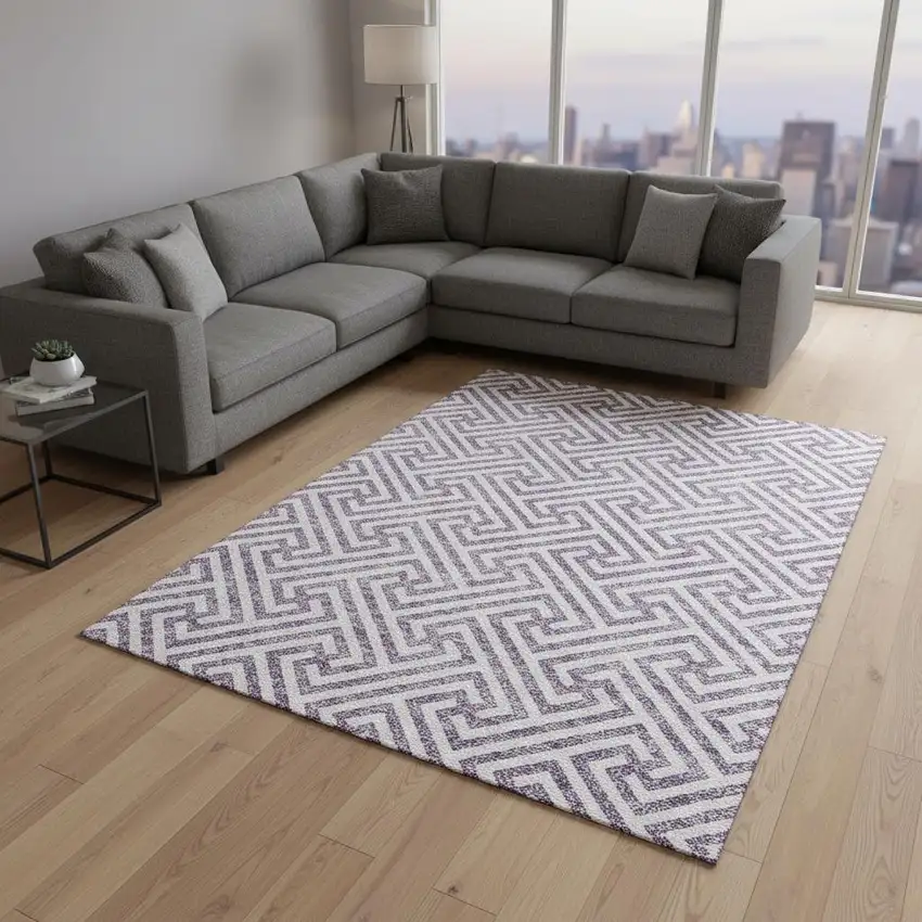 Purple And Ivory Geometric Washable Area Rug With UV Protection Photo 2