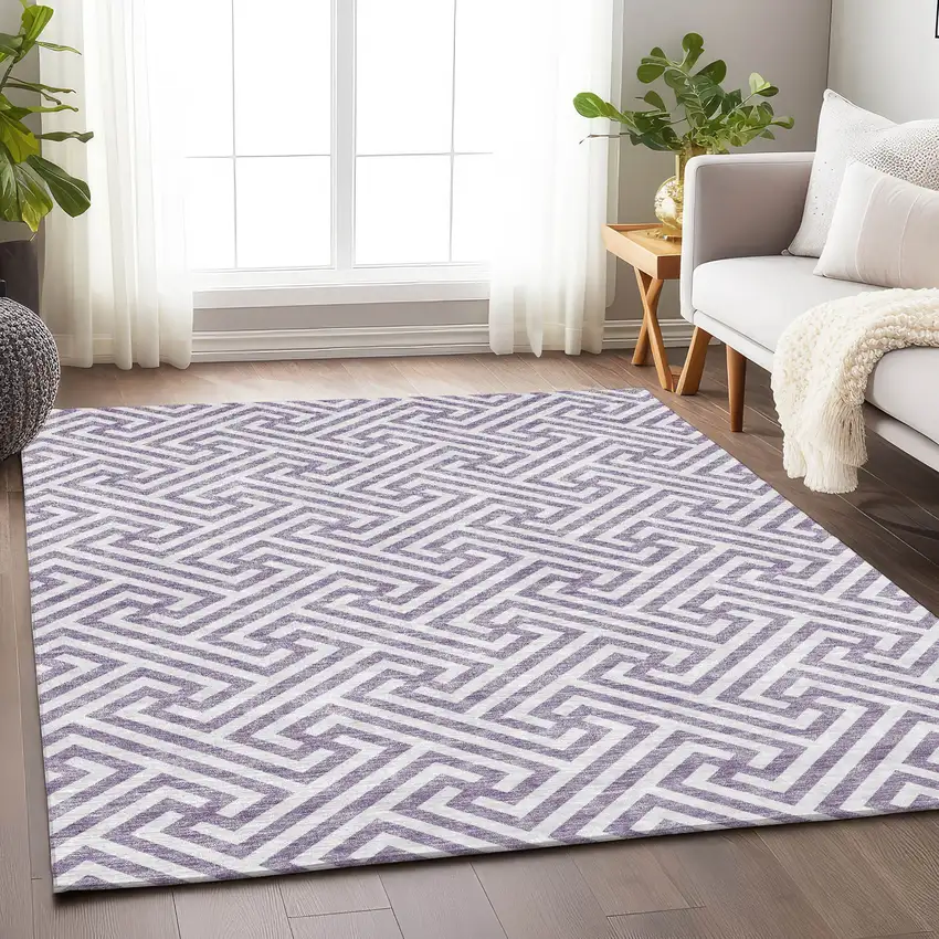 Purple And Ivory Geometric Washable Area Rug With UV Protection Photo 5