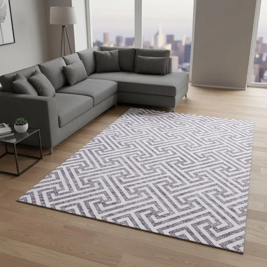 Purple And Ivory Geometric Washable Area Rug With UV Protection Photo 2