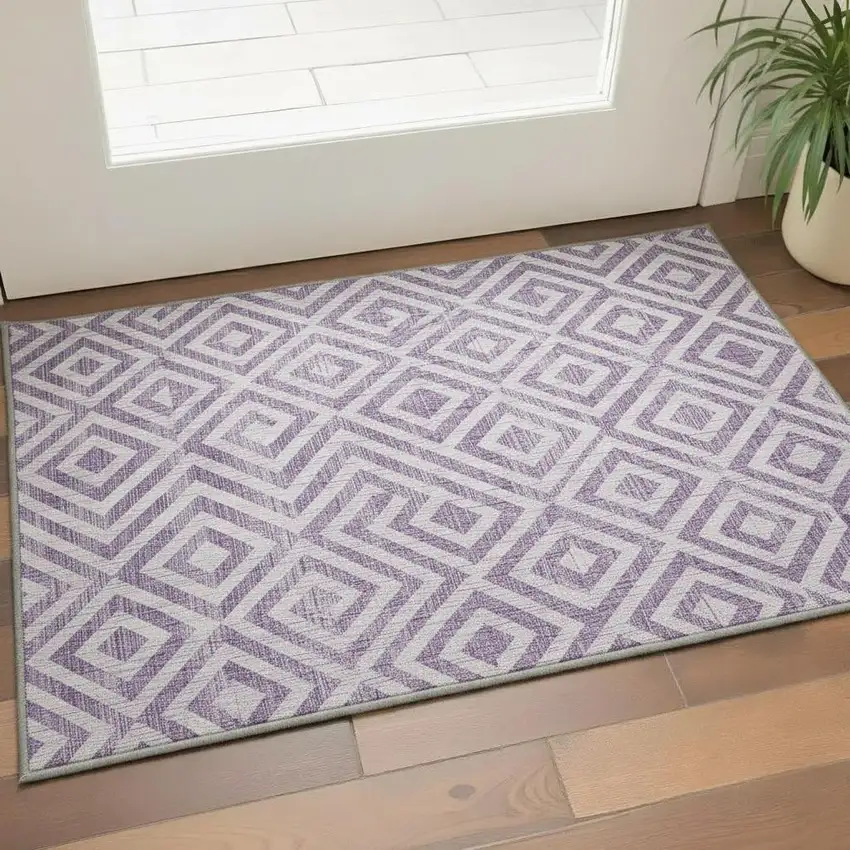 Purple And Ivory Geometric Washable Area Rug With UV Protection Photo 2