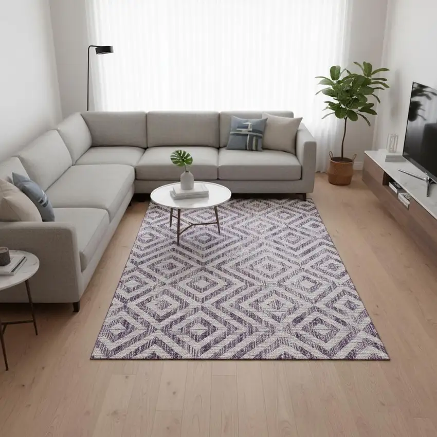 Purple And Ivory Geometric Washable Area Rug With UV Protection Photo 2