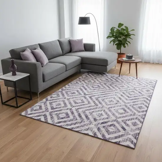 Purple And Ivory Geometric Washable Area Rug With UV Protection Photo 2