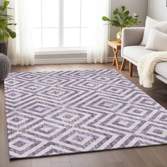 Purple And Ivory Geometric Washable Area Rug With UV Protection Photo 5