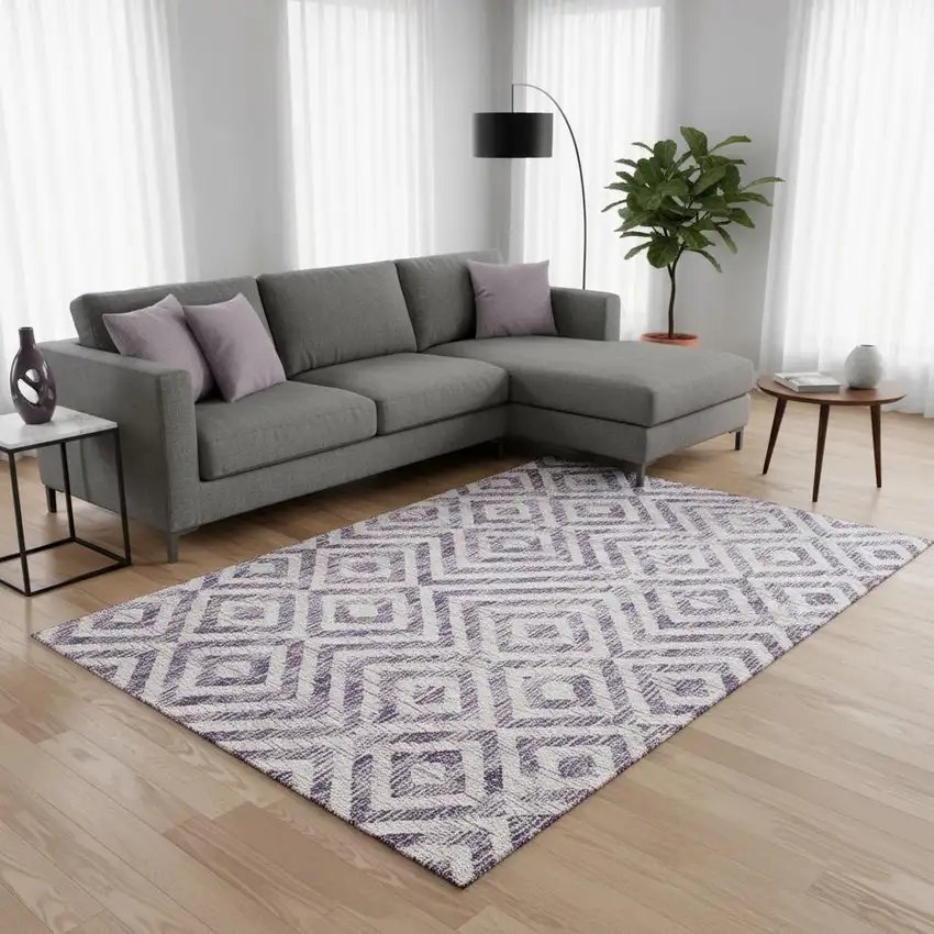 Purple And Ivory Geometric Washable Area Rug With UV Protection Photo 2