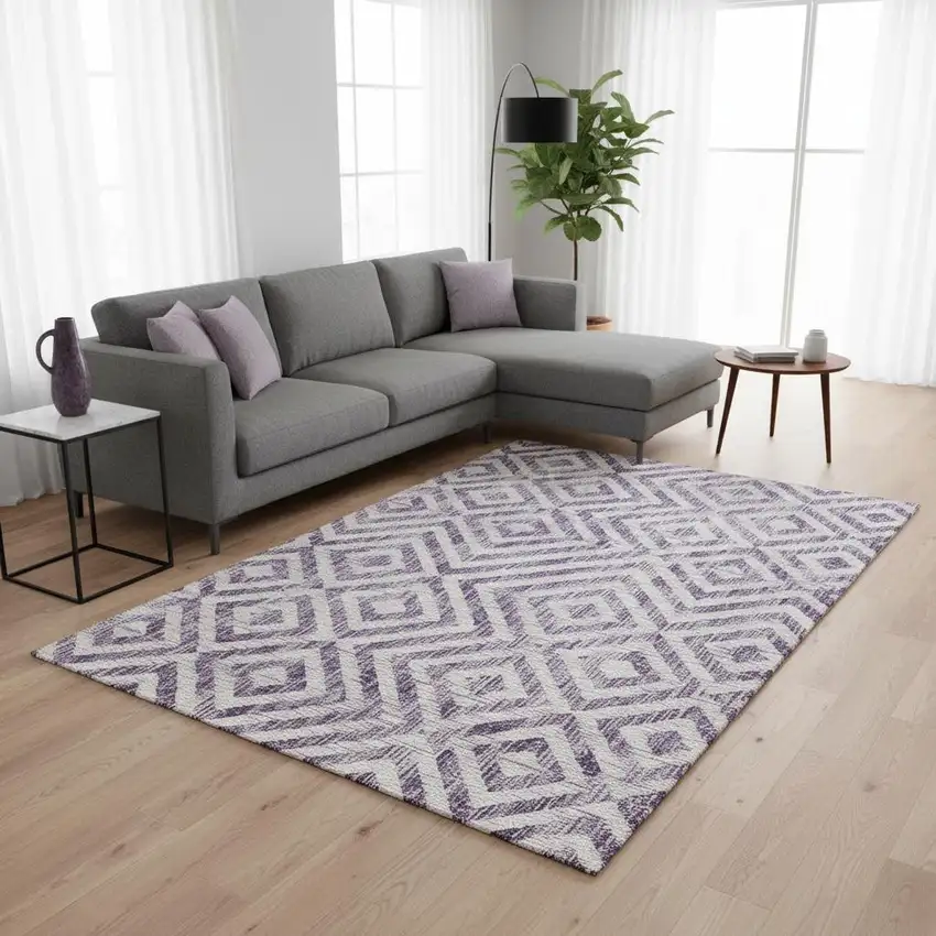 Purple And Ivory Geometric Washable Area Rug With UV Protection Photo 2