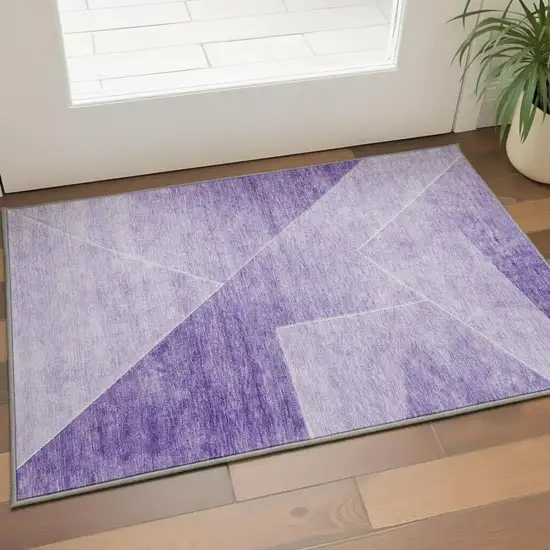 Purple And Ivory Geometric Washable Area Rug With UV Protection Photo 2