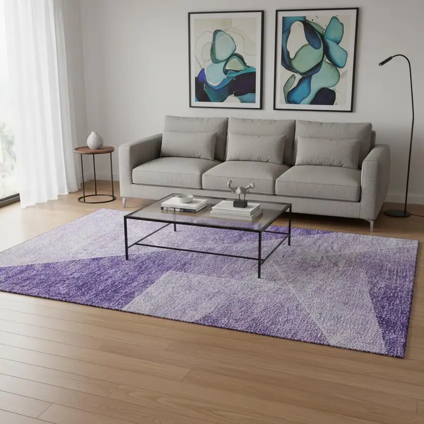 Purple And Ivory Geometric Washable Area Rug With UV Protection Photo 2